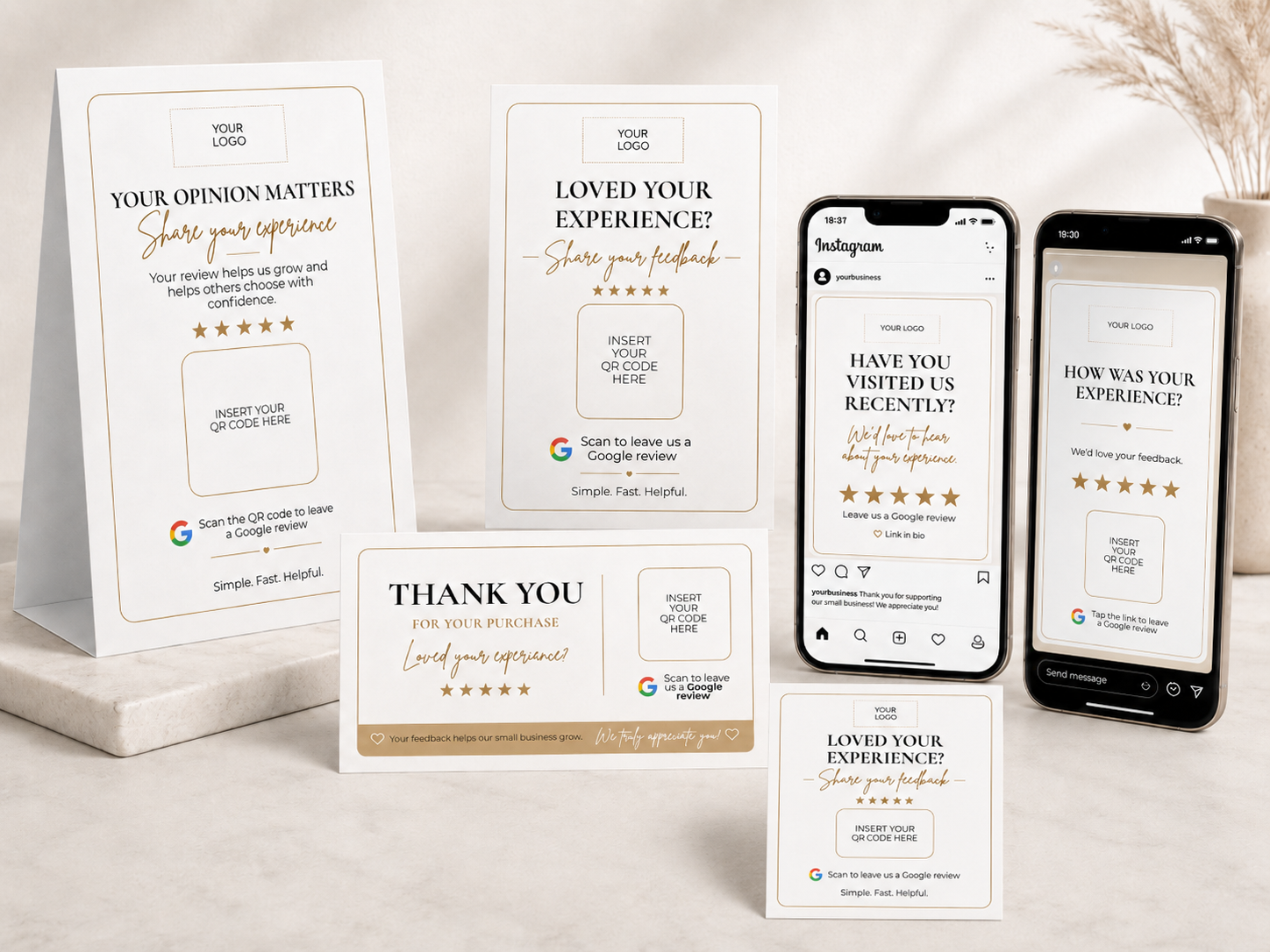 Review Starter Kit templates shown as counter displays, printed inserts and social media designs on smartphones