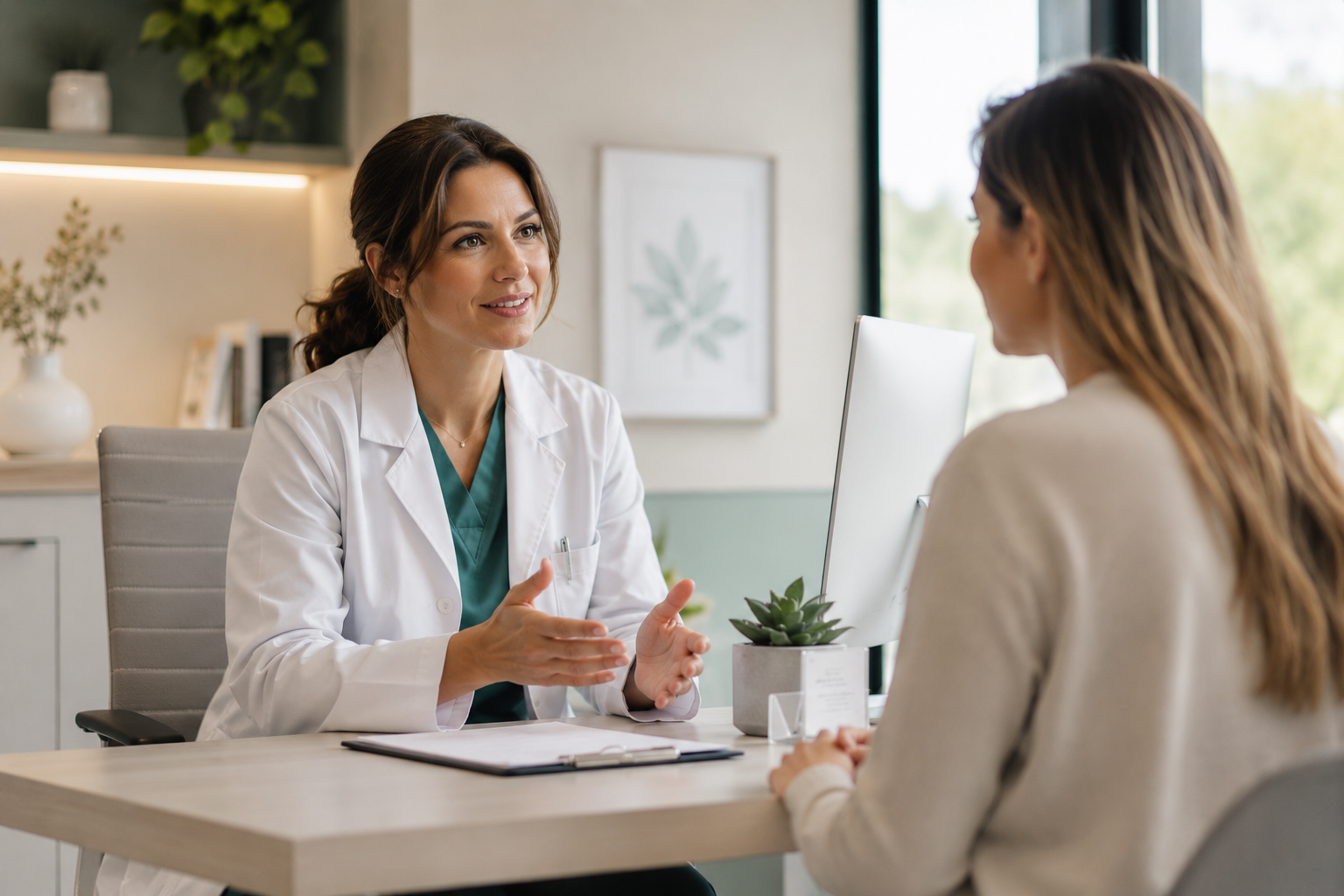 Healthcare professional speaking with a patient in a modern women's health clinic